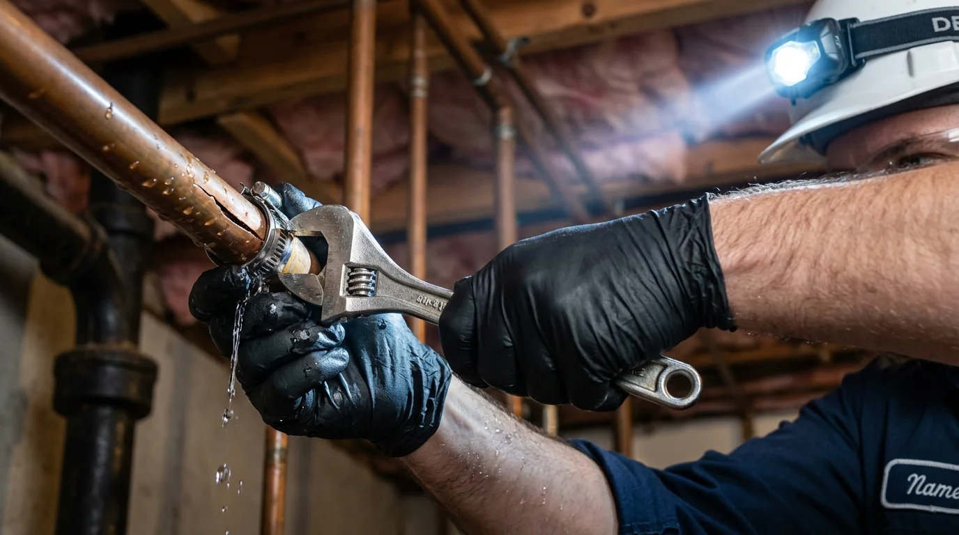Emergency pipe clamp repair being performed by a Johns Plumbing LLC plumber in Litchfield Park