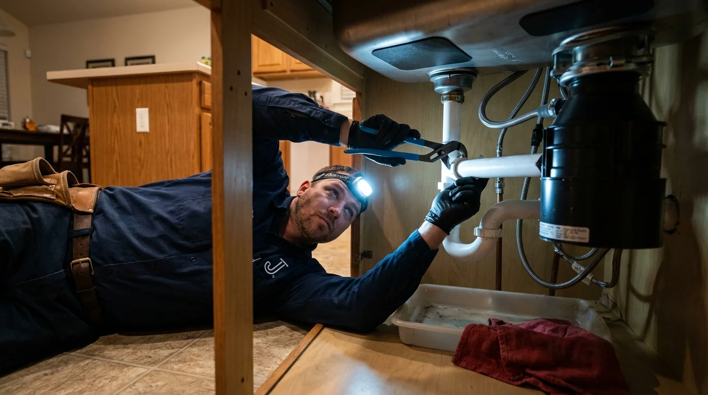 P-trap and supply line connections under a kitchen sink showing a common leak point in Litchfield Park, AZ